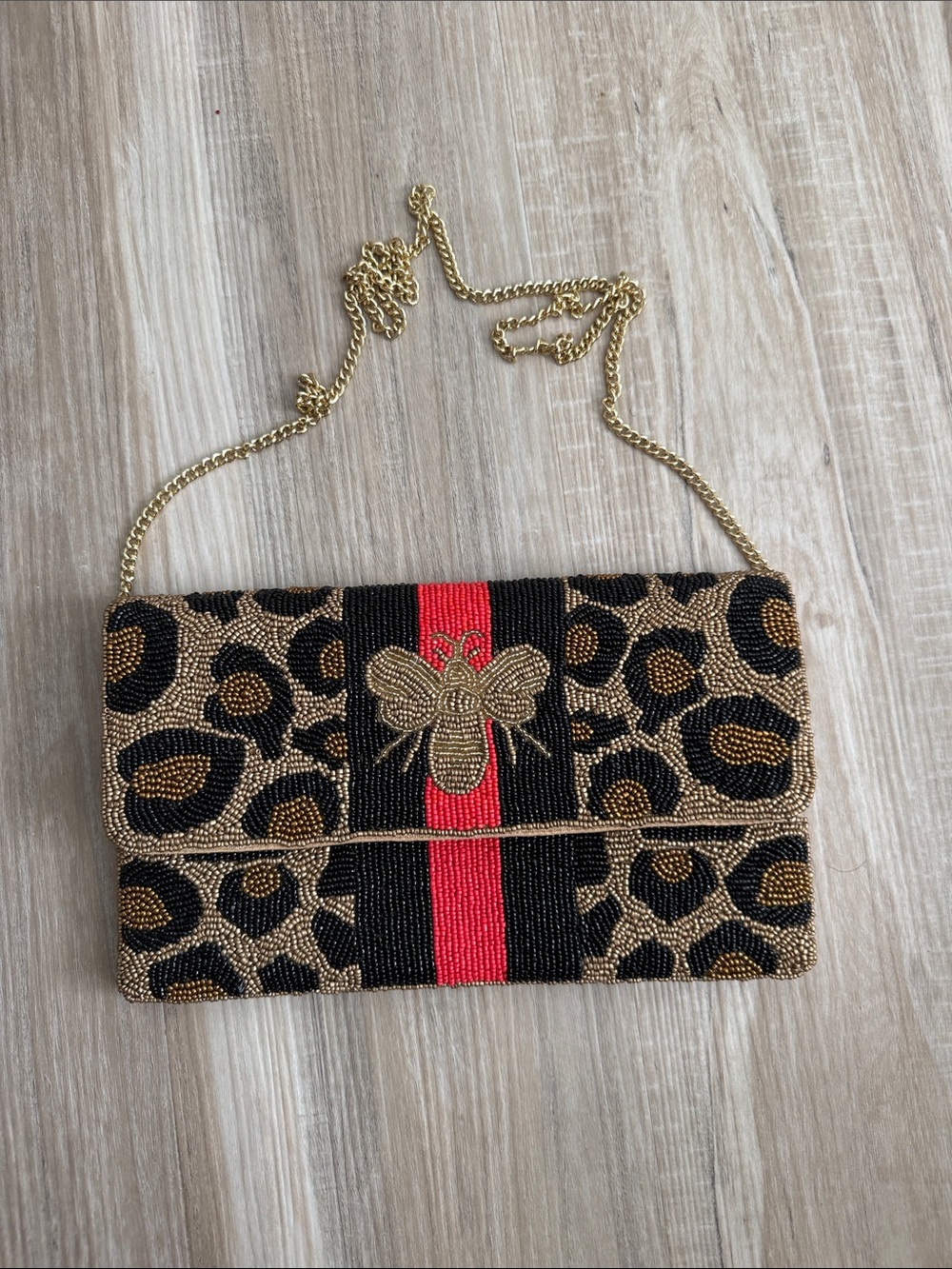 Beaded Leopard Print Crossbody Clutch with Gold Bee Accent - Black, Brown & Red